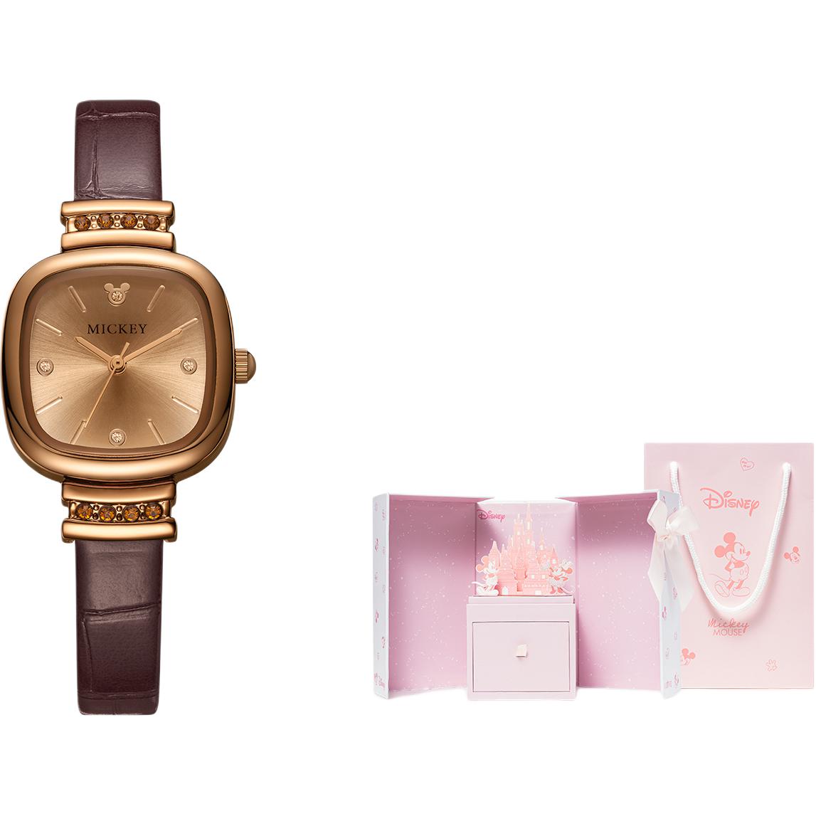 

Disney Часы Small Square Table Quartz Movement Leather Strap Watch Women's Watch Gold Dial, Vintage Brown Dreamy Castle Box