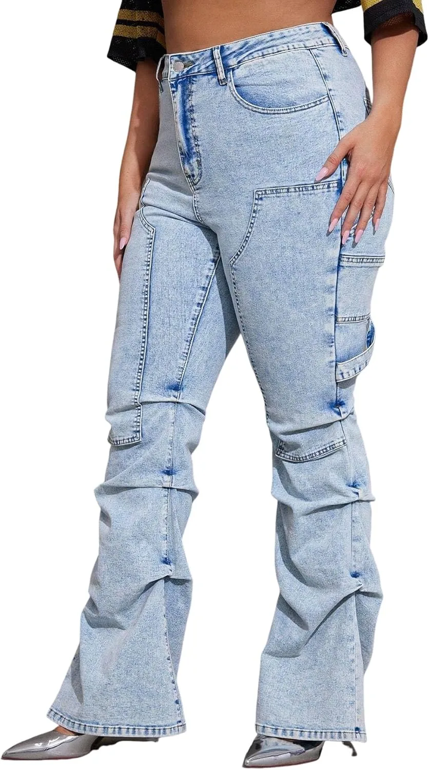 

LALAGEN Women Pants Plus Size Fashion Washed Stacked Flare Leg Jeans