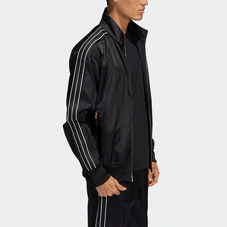 Куртка Men's adidas originals Stand Collar Stripe Zipper Ribbed Cuff Long Sleeves logo Sports Jacket Black H31290 — фото 4