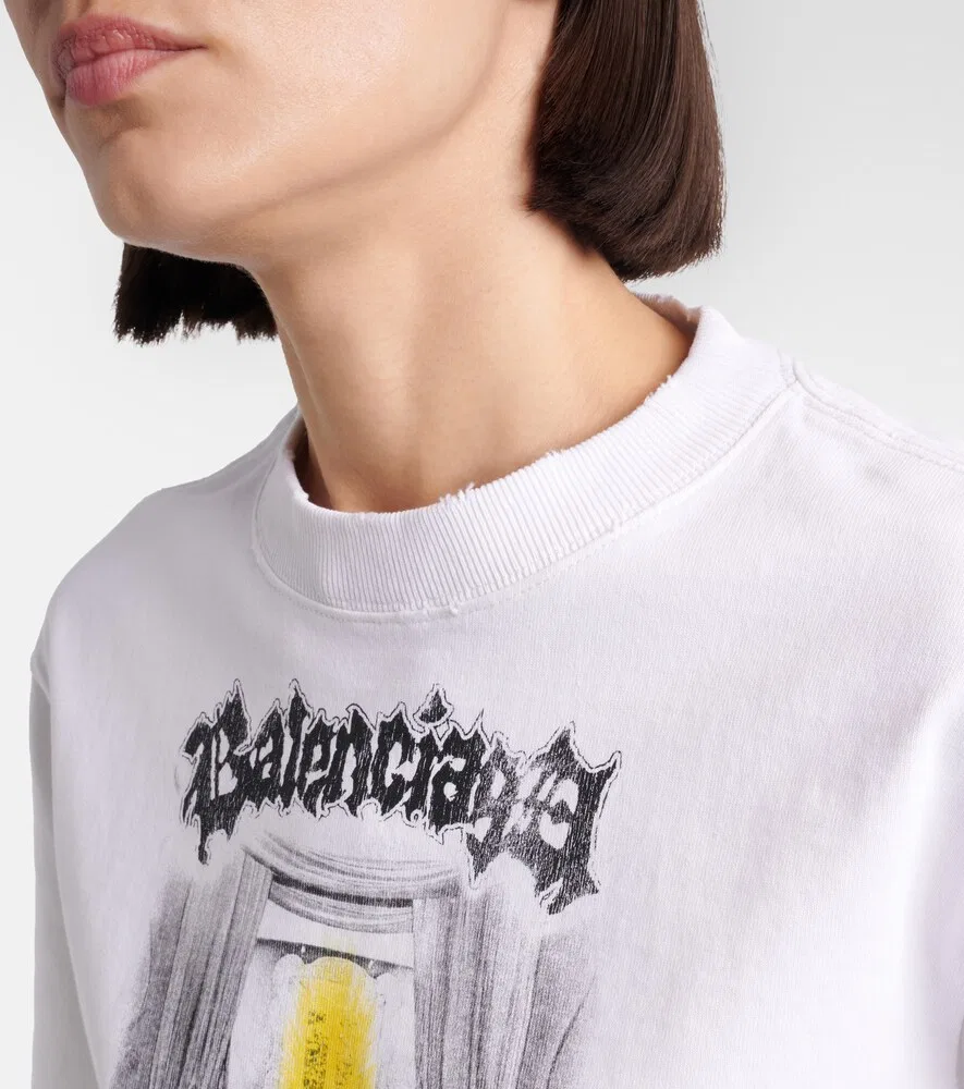 Укороченная футболка из хлопкового трикотажа с принтом Balenciaga, белый — фото 4