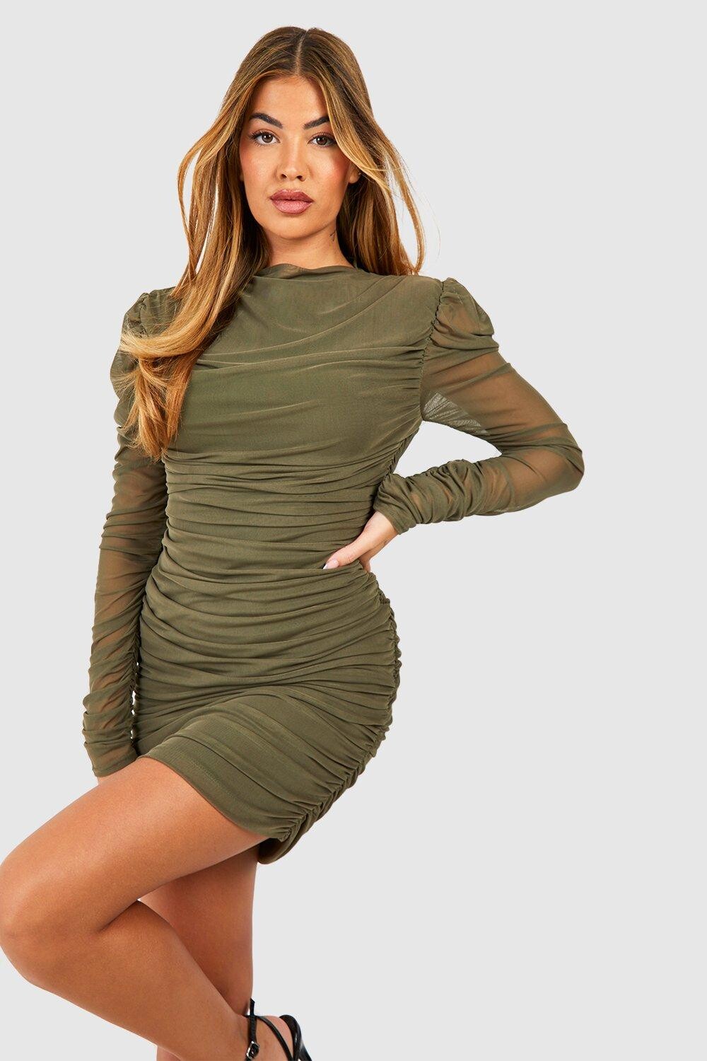 

Мини-платье со сборками и высоким воротником boohoo, хаки
