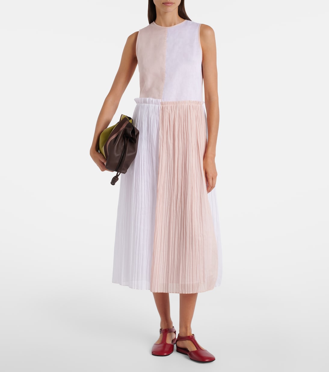 Платье миди из плиссированного хлопкового муслина и органзы Jil Sander, Optic White — фото 2