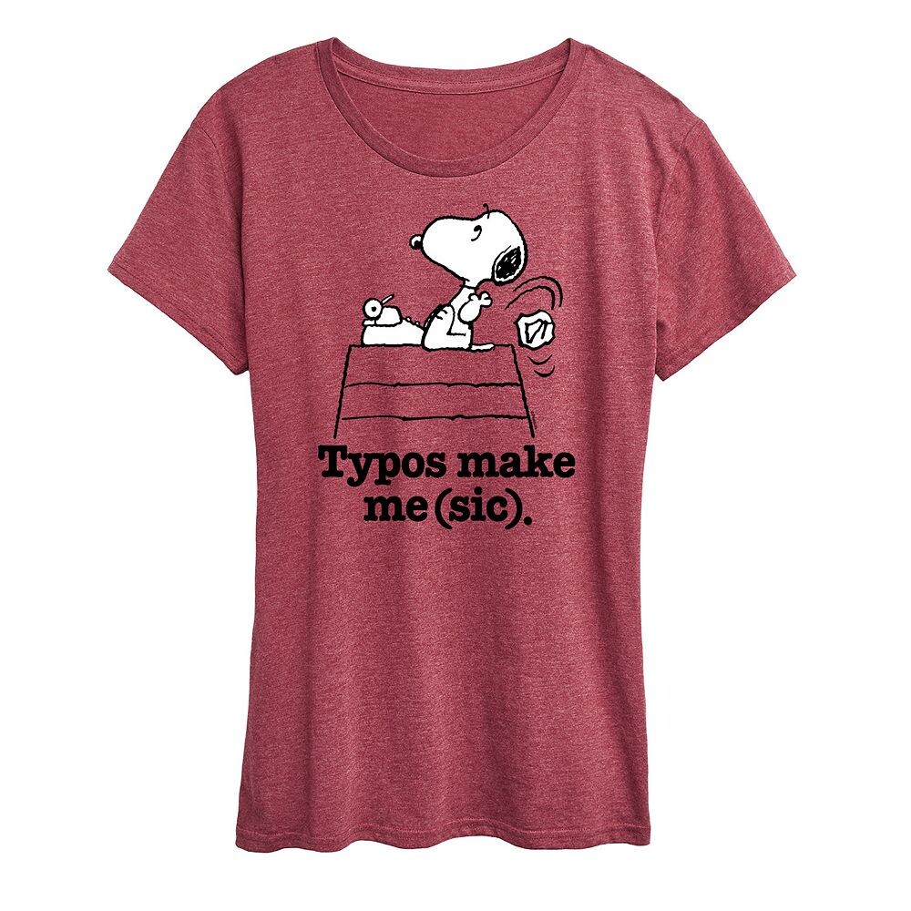 

Женская футболка с рисунком Peanuts Snoopy Typos Make Me Sic Licensed Character, цвет Heather Dark Red