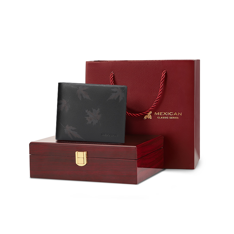 

MEXICAN Кошелёк из натуральной кожи с текстурой наппа чёрный мужской, Maple Leaf Red Wooden Box
