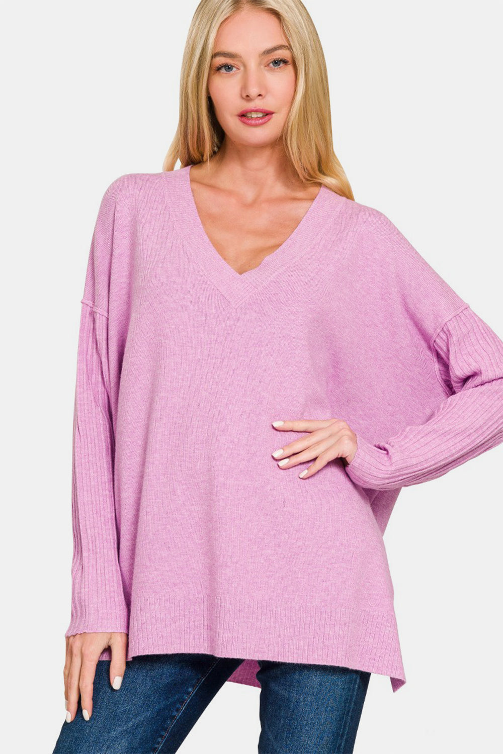 

Свитер с V-образным вырезом и боковыми разрезами FASHNZFAB, цвет h mauve