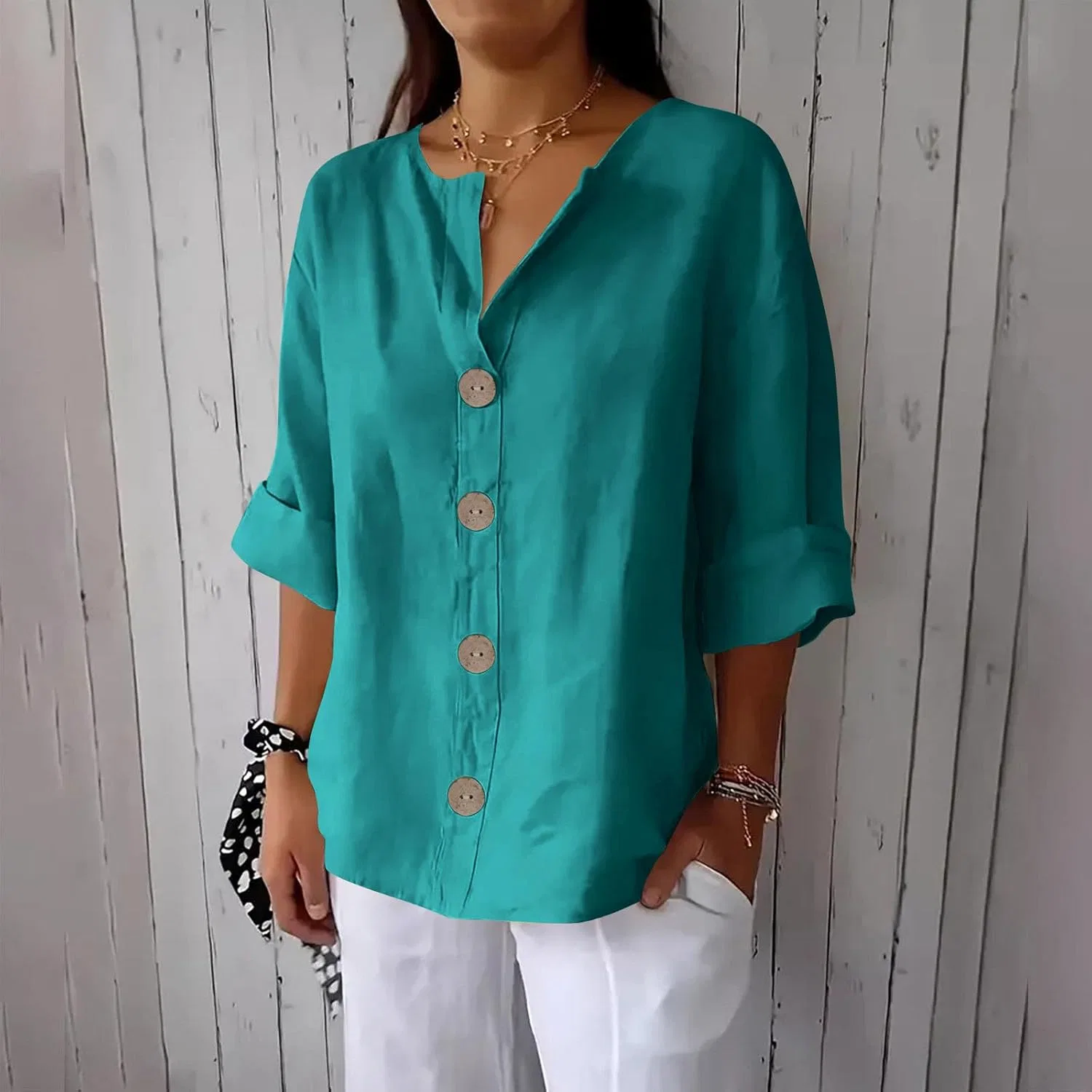 Женская блуза Button Down, Linen, Navy — фото 2