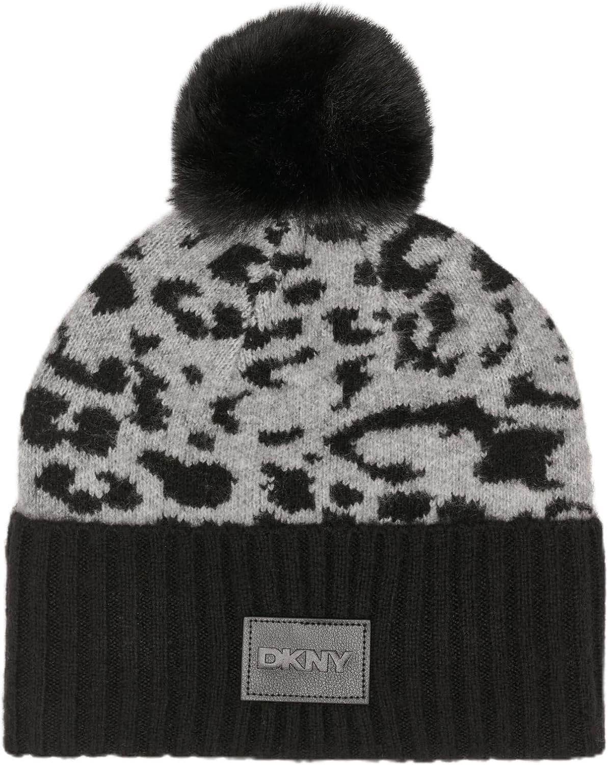 

Женская шапка-бини DKNY с анималистичным принтом и помпоном из искусственного меха, Light Stone Heather