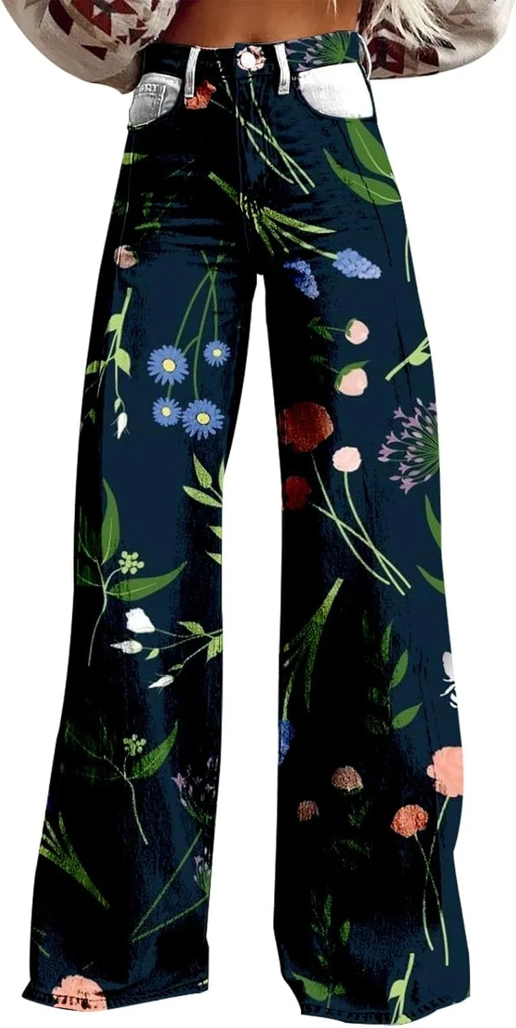 Джинсы с цветочным принтом, Wide Leg, Navy