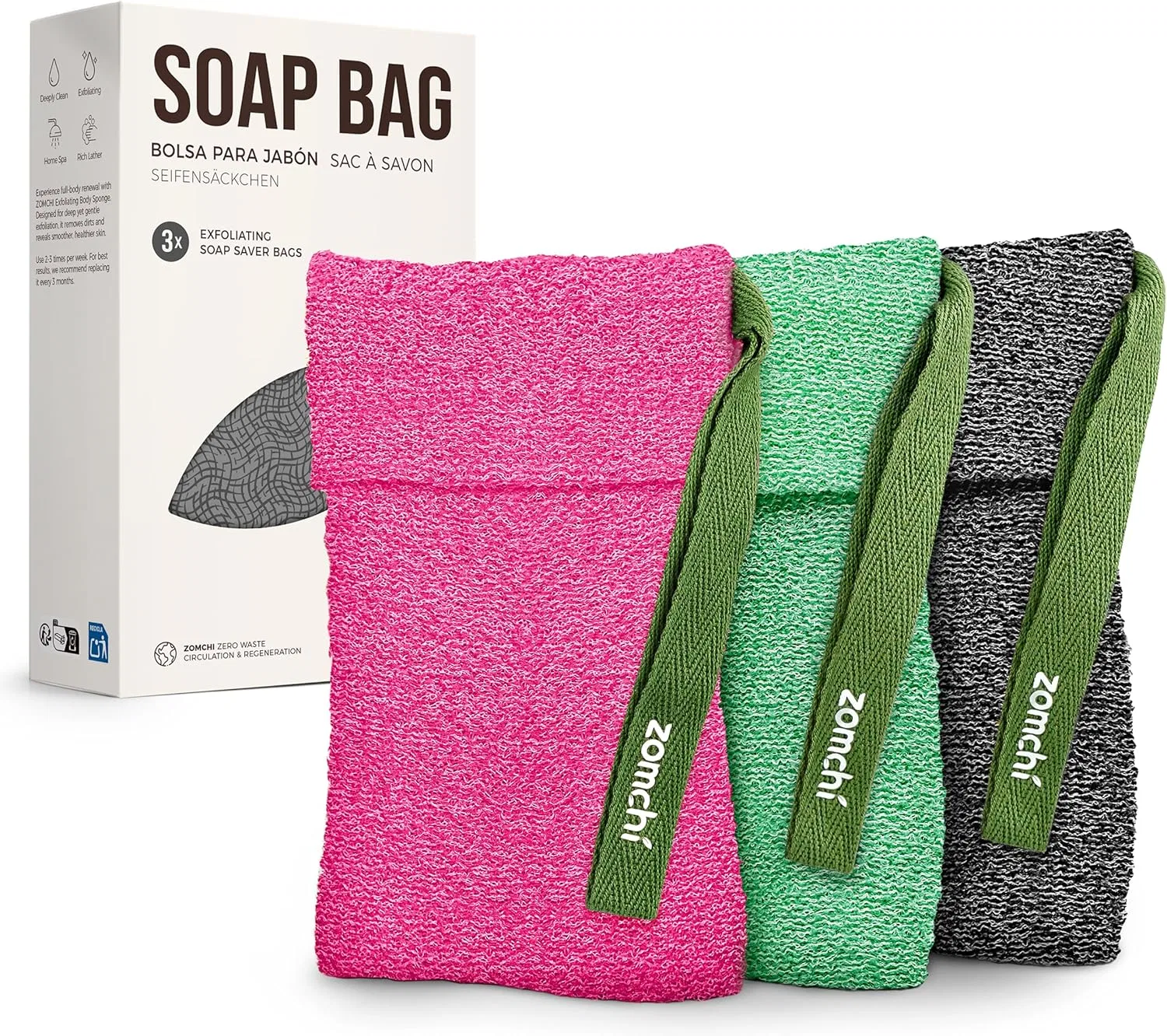 Набор отшелушивающих мешочков для мыла ZOMCHI, 3 шт. Zomchi, Grey, Green, Pink