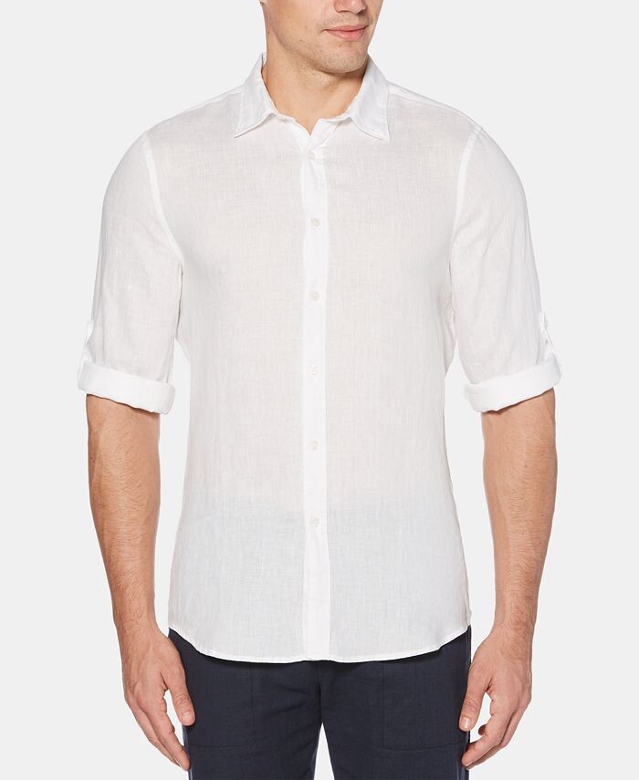 

Мужская однотонная льняная рубашка с рулонными рукавами Perry Ellis, белый