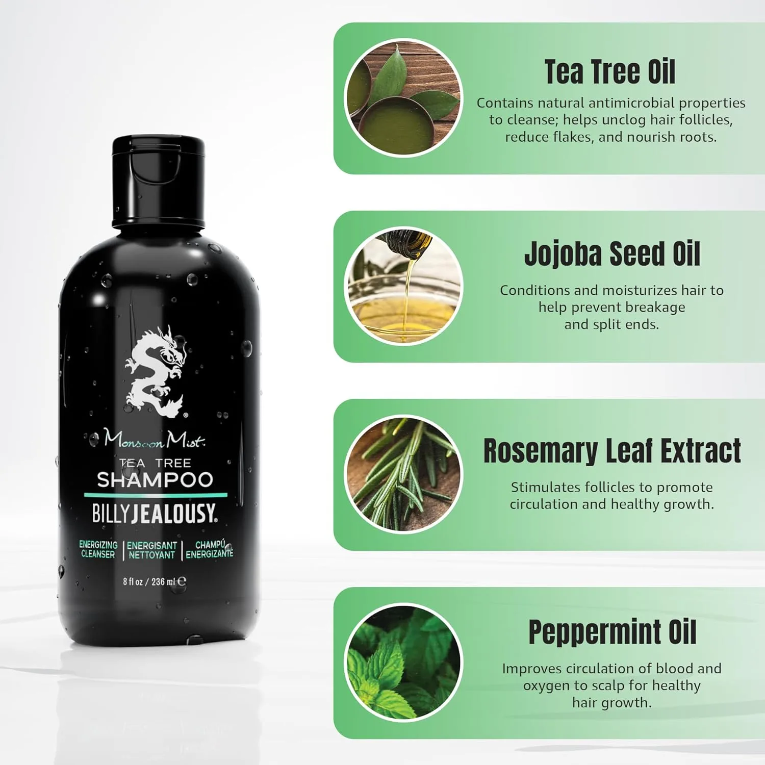 Набор для ухода за волосами Billy Jealousy: шампунь Monsoon Mist Tea Tree (227 г) + кондиционер Typhoon Tango (227 г), мята и розмарин, успокаивает кожу головы, уменьшает жирность, перхоть и ломкость — фото 2