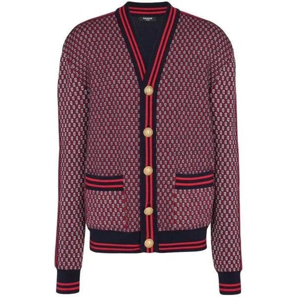 

Кардиган monogram-print checked wool cardigan Balmain, красный