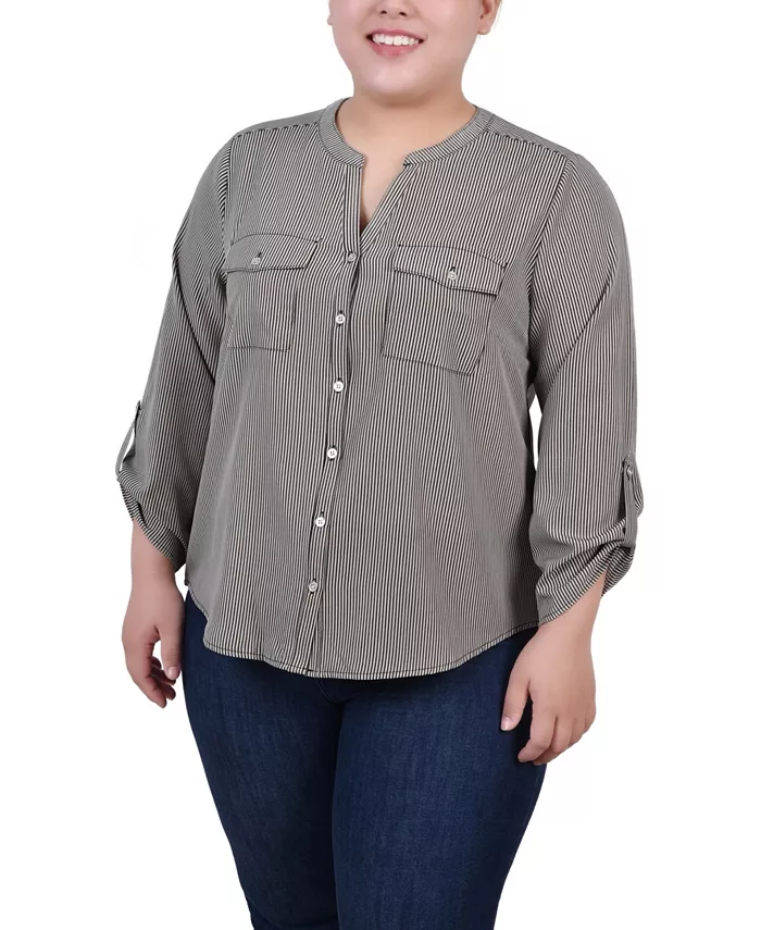 

Блуза с рукавом 3/4 и воротником Y-образного кроя Plus Size NY Collection, мультиколор
