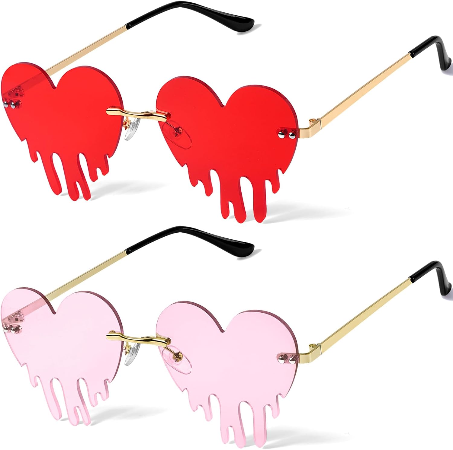

2 пары солнцезащитных очков в форме сердца с эффектом капель, для рейв-фестивалей, солнцезащитные очки с эффектом тающего сердца для женщин и мужчин Geltvilra, Pink, Red
