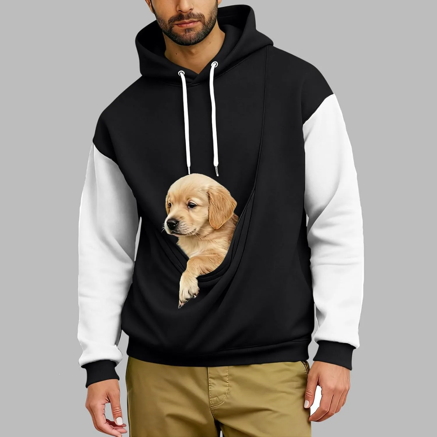Толстовка с капюшоном для мужчин Oversized, с большим карманом-кенгуру и цветным пэчворком — фото 2