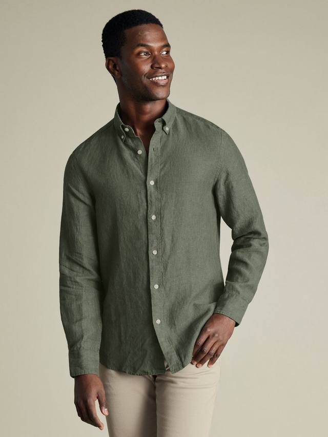 

Льняная рубашка с пуговицами и отложным воротником Slim Fit Charles Tyrwhitt, Olive Green