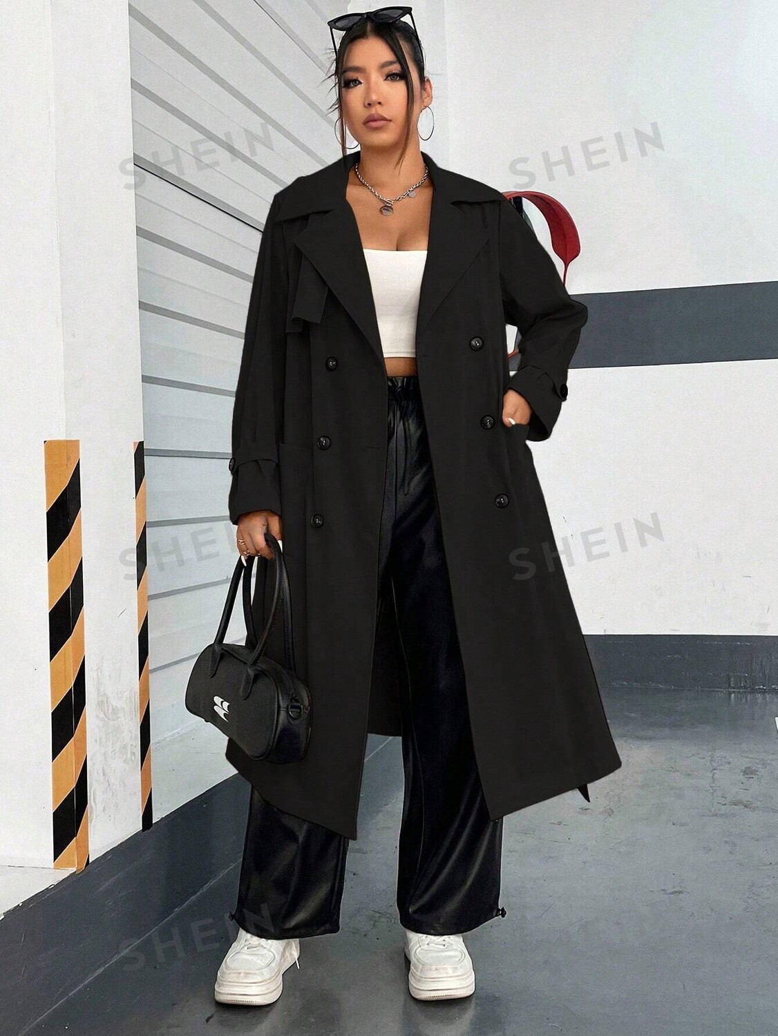

EZwear Plus Trench Coat, Воротник костюма, двубортный, декорированный поясом Shein, черный