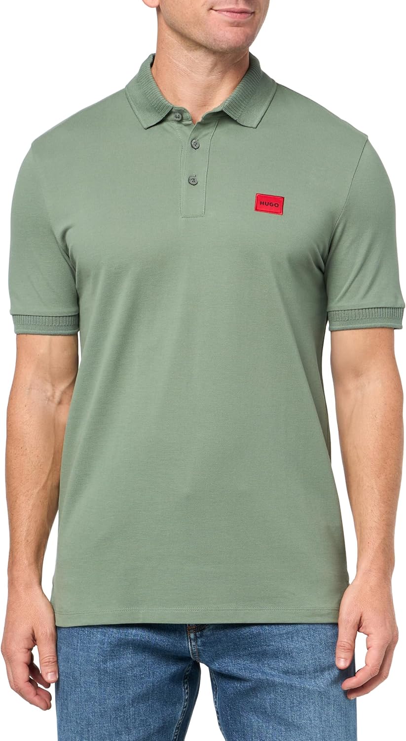 

HUGO Мужская приталенная поло с квадратным логотипом из хлопка, Green Wreath, Зеленый, HUGO Мужская приталенная поло с квадратным логотипом из хлопка, Green Wreath