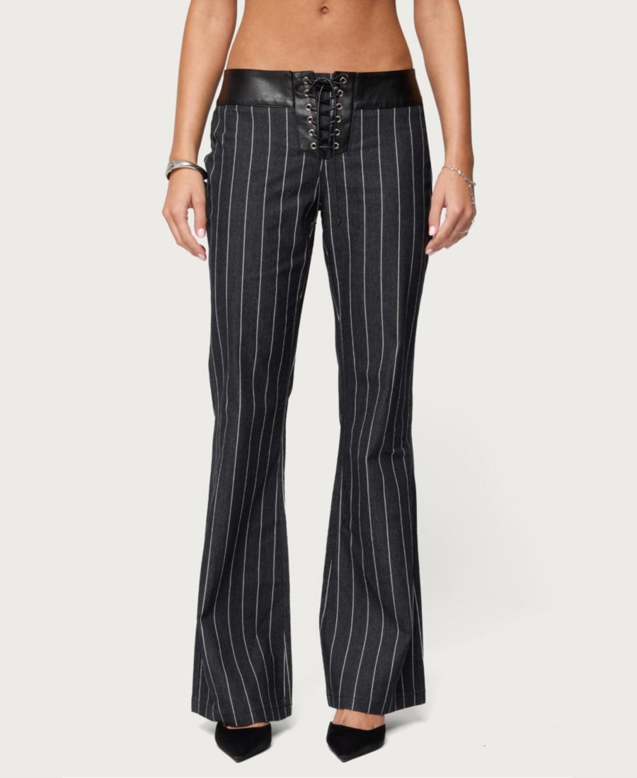 

Женские джинсы в тонкую полоску и из искусственной кожи, с низкой посадкой и расклешенной юбкой Edikted, Dark-blue