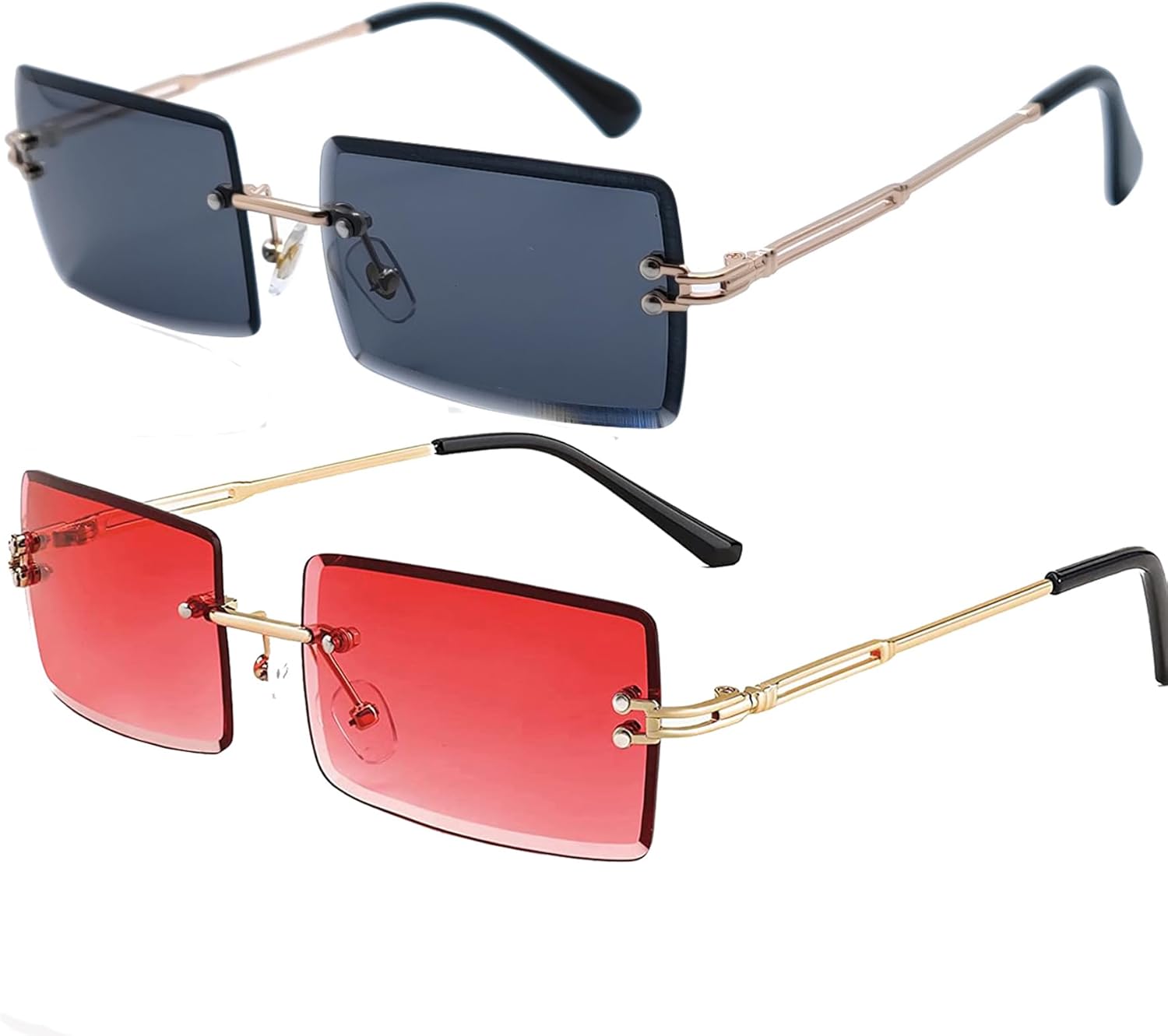 

Прямоугольные солнцезащитные очки для женщин и мужчин, модные ретро-очки без оправы с тонированными линзами, стильные солнцезащитные очки 2025 года Mriendao, 2pc Black +Red