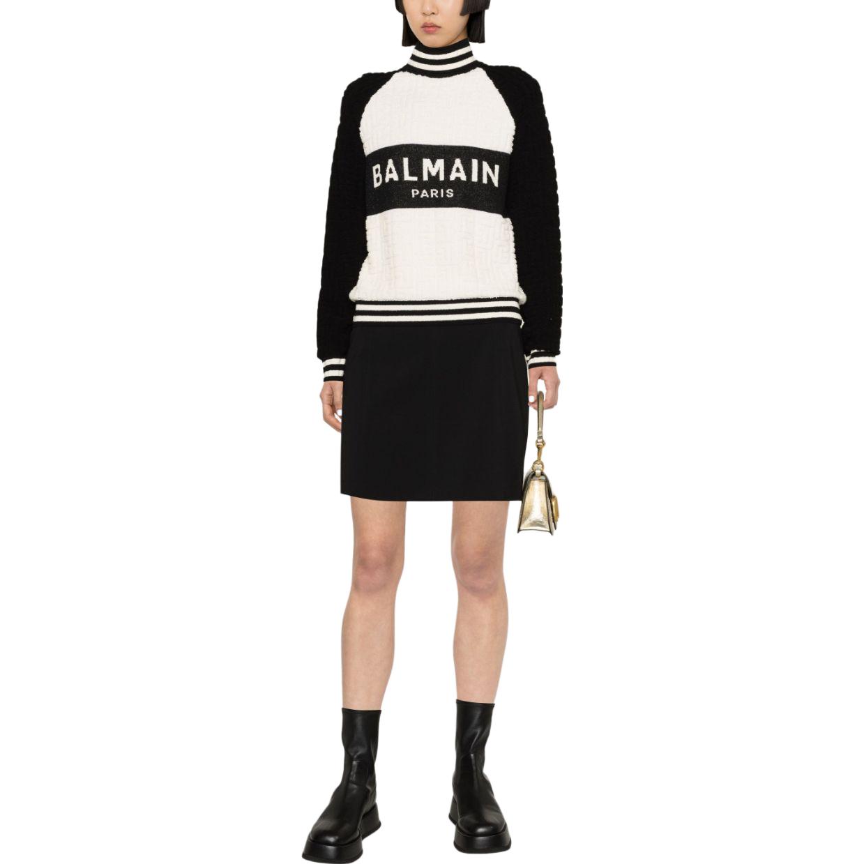 Воротник-стойка Монохромный Жаккардовый Свитер BALMAIN, Черный Белый — фото 4