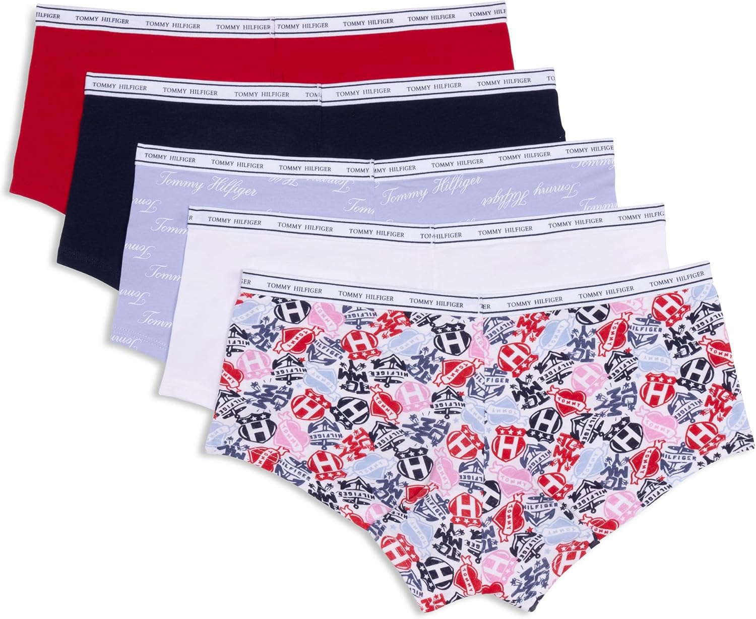 Женские классические хлопковые трусики-шорты Tommy Hilfiger с логотипом на поясе, упаковка 5 шт., Tattoo Elements Bright White/Bright White/Brunerra Blue Th Calligraphy/Heather Grey/Apple Red — фото 3