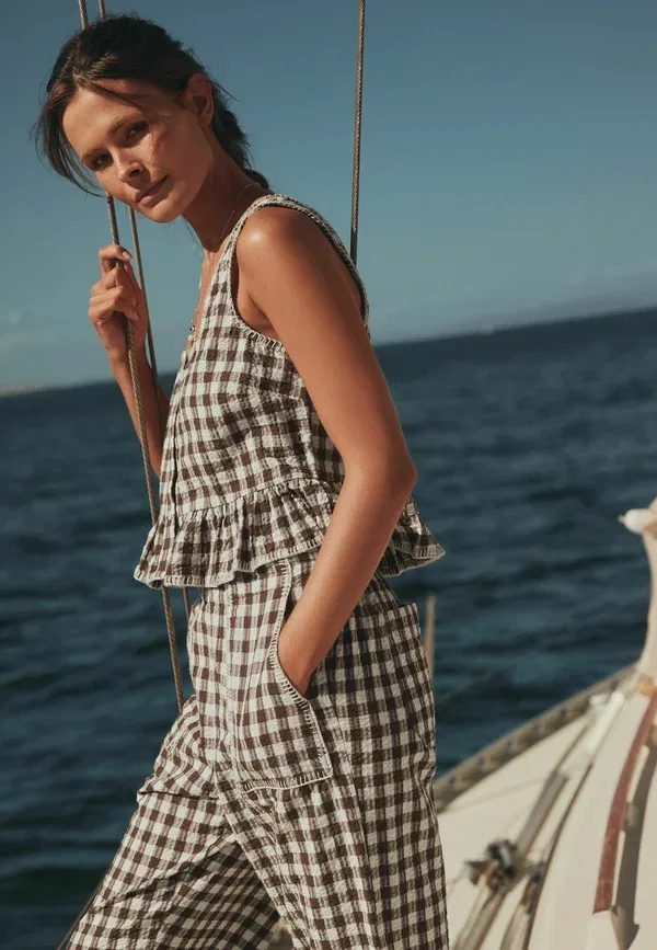 Блуза Next, Petite fit lobster print peplum square neck top, шоколадно-коричневая клетка — фото 2