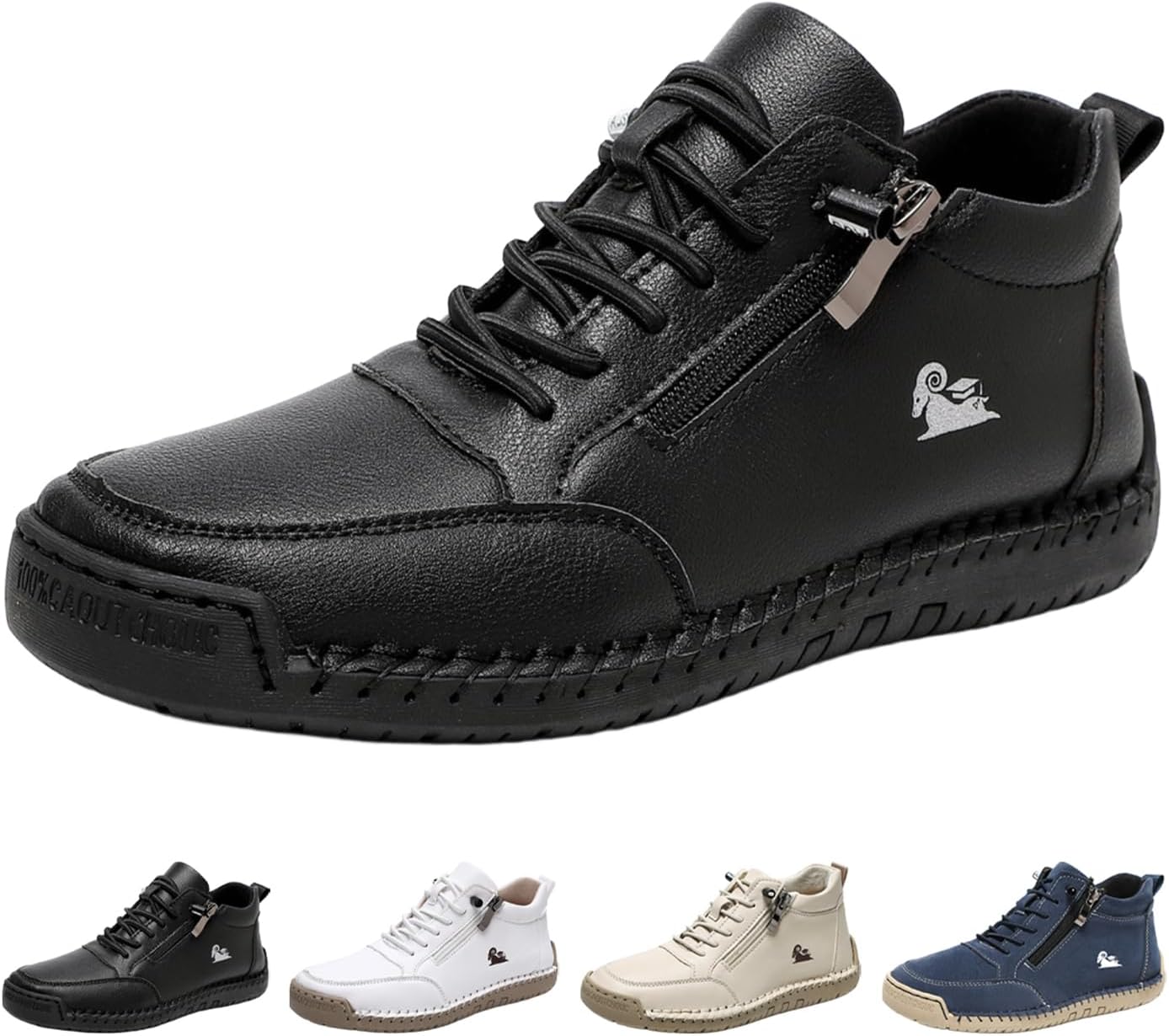 

Мужские повседневные кожаные кроссовки средней высоты для улицы, винтажные, удобные, ручная прошивка, с боковой молнией, противоскользящие, для путешествий и походов Hneowgn, черный