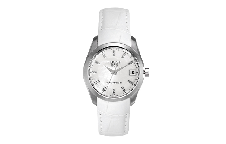 

TISSOT Часы Kutu Collection Automatic Mechanical Movement Women's Watch Silver Dial Stainless Steel Case Leather Strap, White Dial