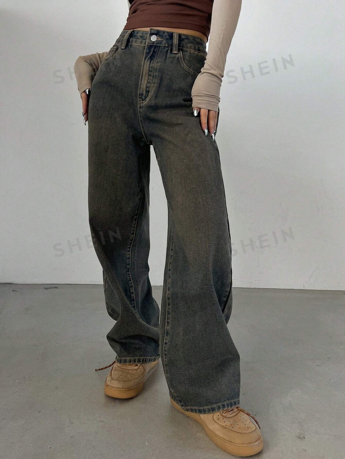 

Джинсы, винтажные, стираные, широкого кроя, длинные, широкие брючины, с дырочками Dazy, тёмно-синий