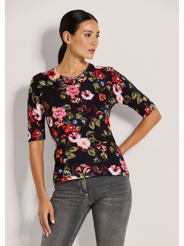 

MADELEINE Свитер с круглым вырезом и уникальным принтом в черно-красно-многоцветной гамме