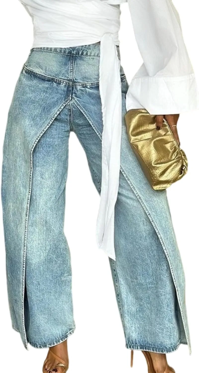 

Dingang широкие мешковатые джинсы для женщин Y2K с высокой талией, пачворк и разрезом по низу