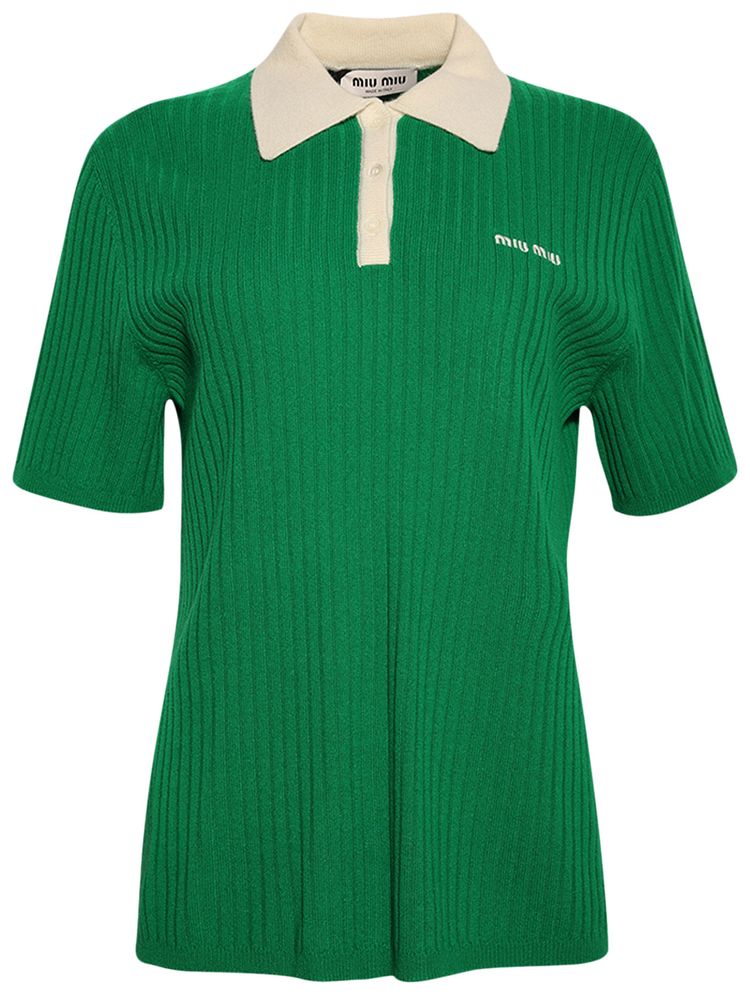 

Поло Miu Miu Ribbed Cashmere Polo Shirt 'Lawn Green/Natural', зеленый
