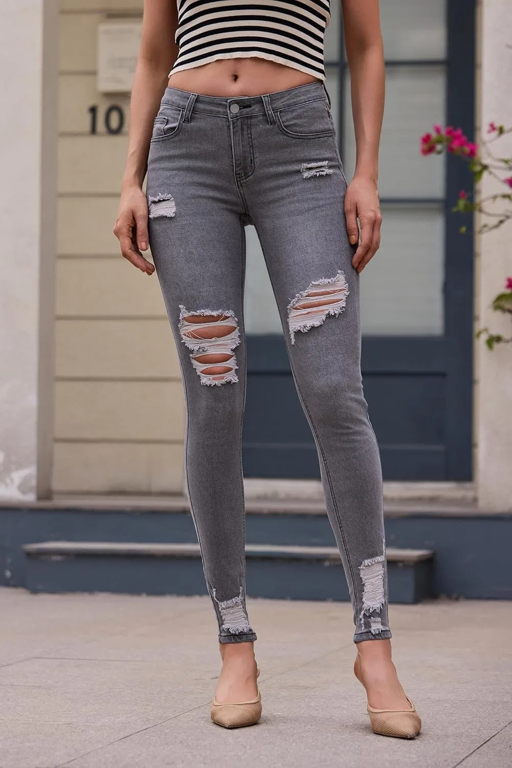 Джинсы скинни, серый, Women's High Waisted Jeans — фото 2