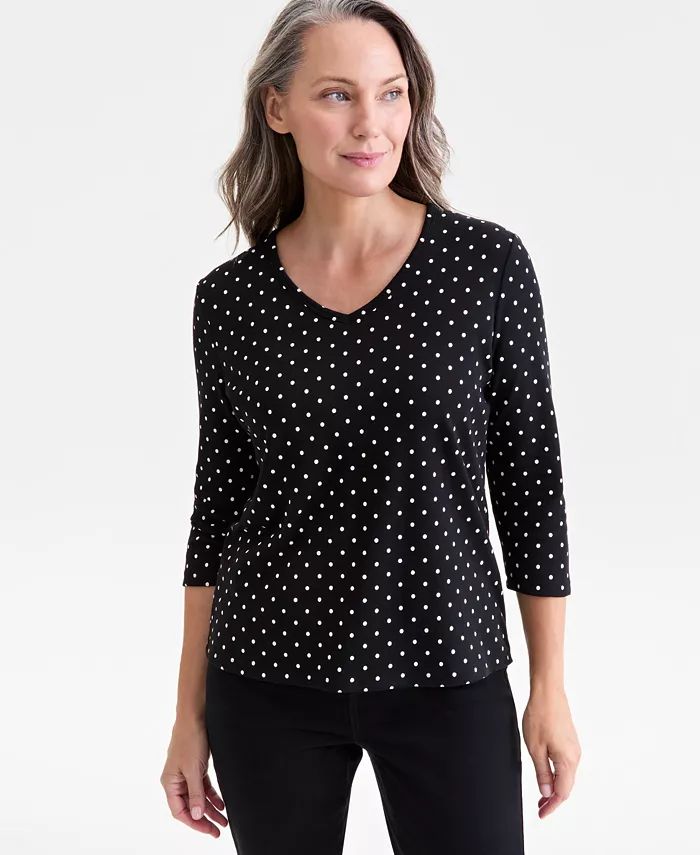 

Женский вязаный топ с V-образным вырезом и рукавом 3/4 Style & Co, черный