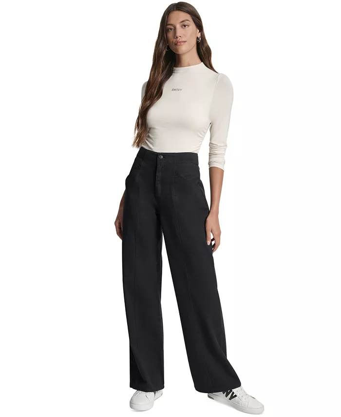 

Женские хлопковые брюки с высокой талией и широкими штанинами DKNY Jeans, черный