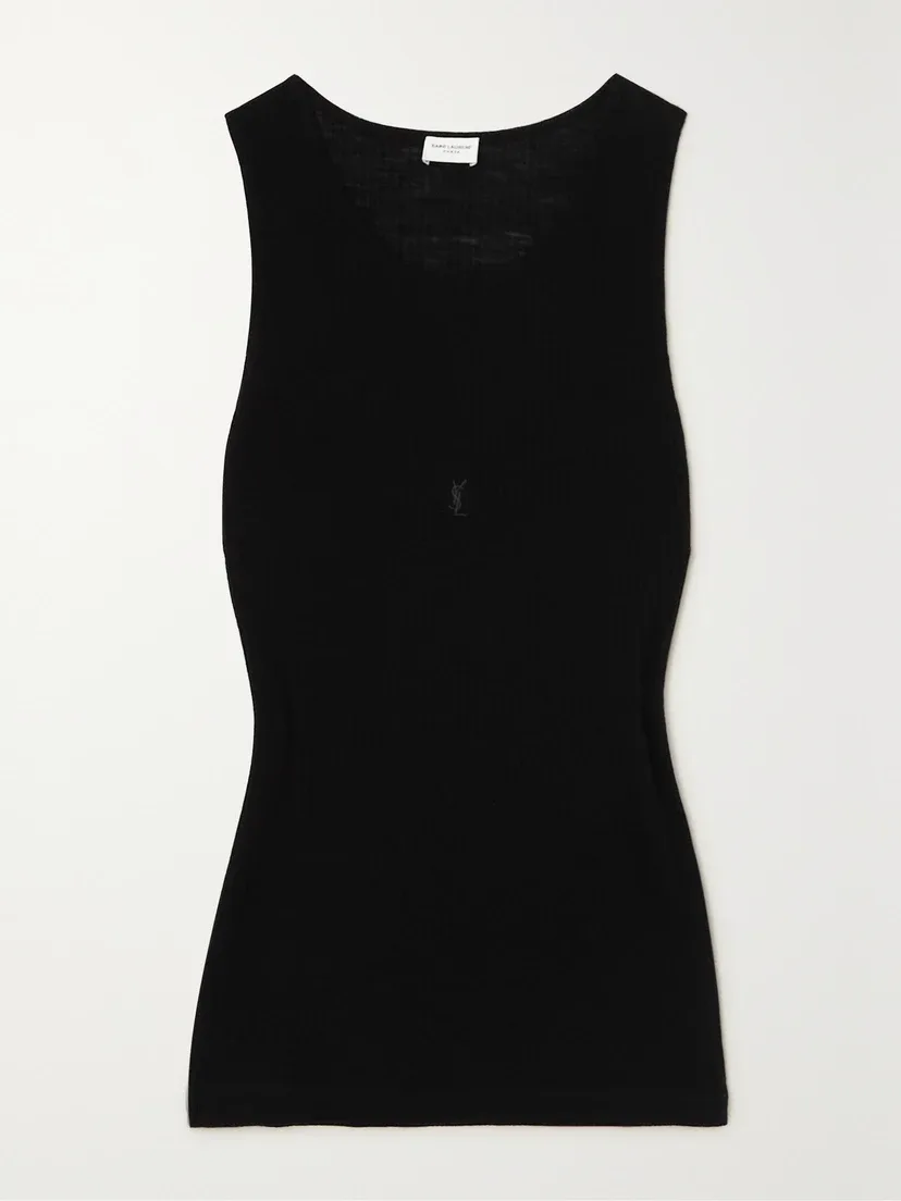 Вязаный шерстяной топ с вышивкой SAINT LAURENT, черный
