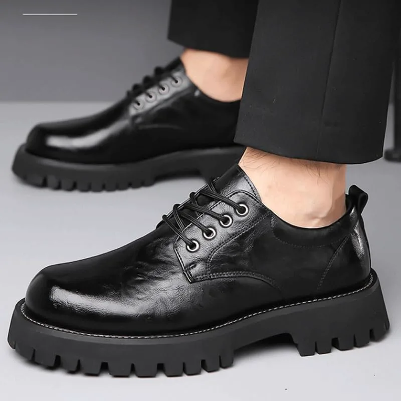 Men's Platform Oxford Shoes - Genuine Leather Slip-On Modern Formal Business Lace-Up with Heightening Effect Zentavi, черный — фото 4
