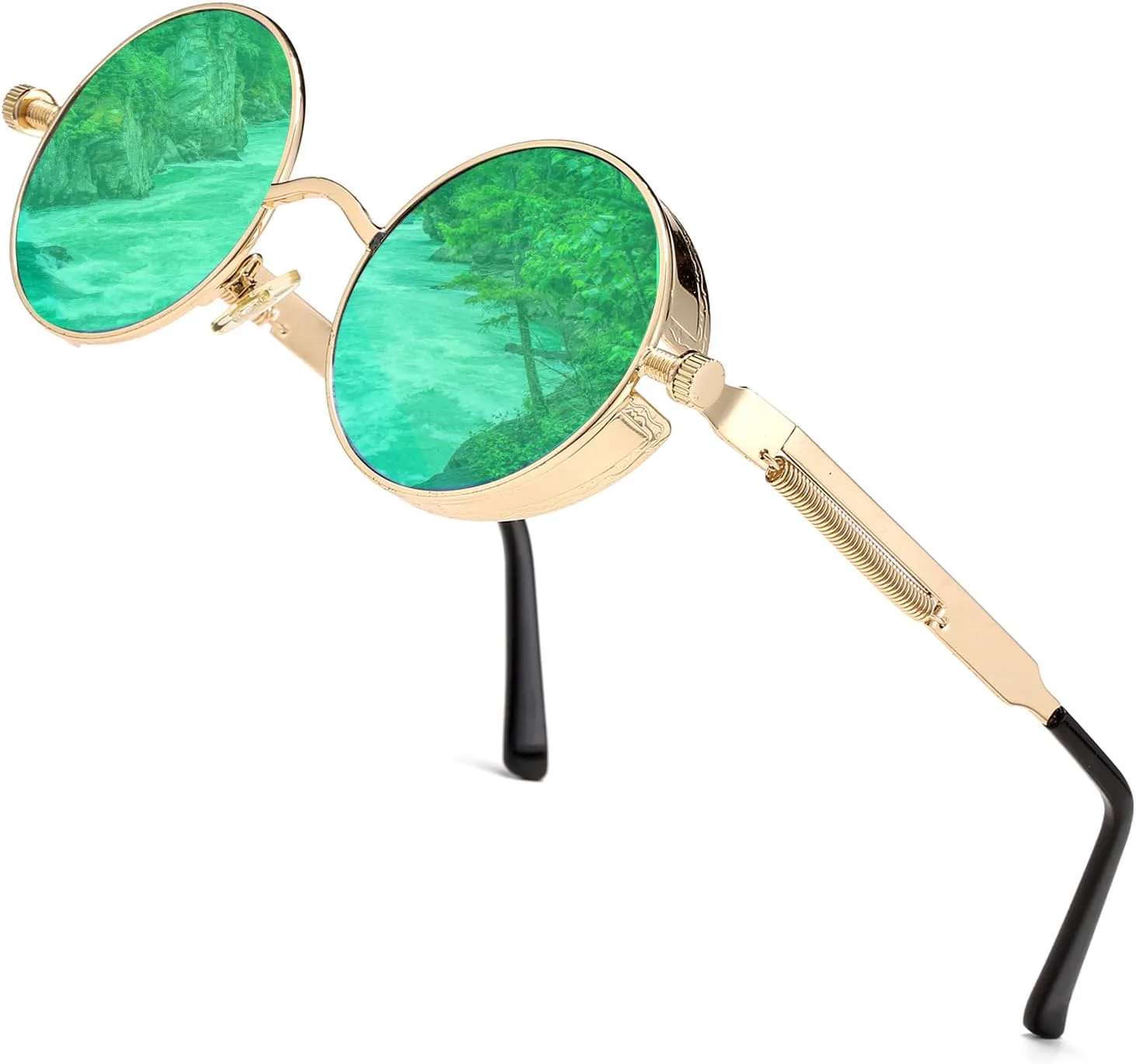 

HJSTES Винтажные круглые солнцезащитные очки в стиле стимпанк для женщин и мужчин, круглые готические очки в ретро-металлической оправе, A06 Green Mirrored/Gold Frame
