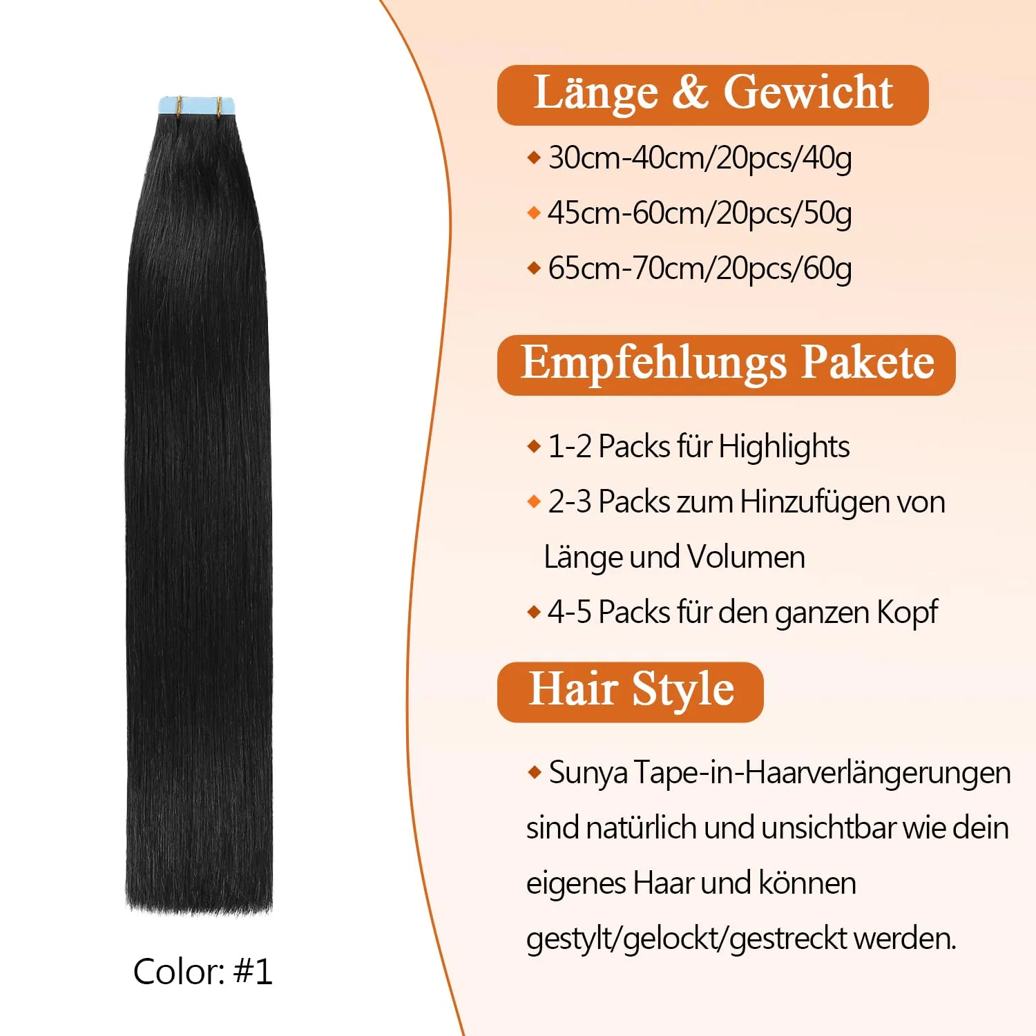 Ленточные наращивания Sunya из натуральных волос Jet Black, 60 см, 20 штук, 50 г/упаковка Sunya — фото 2