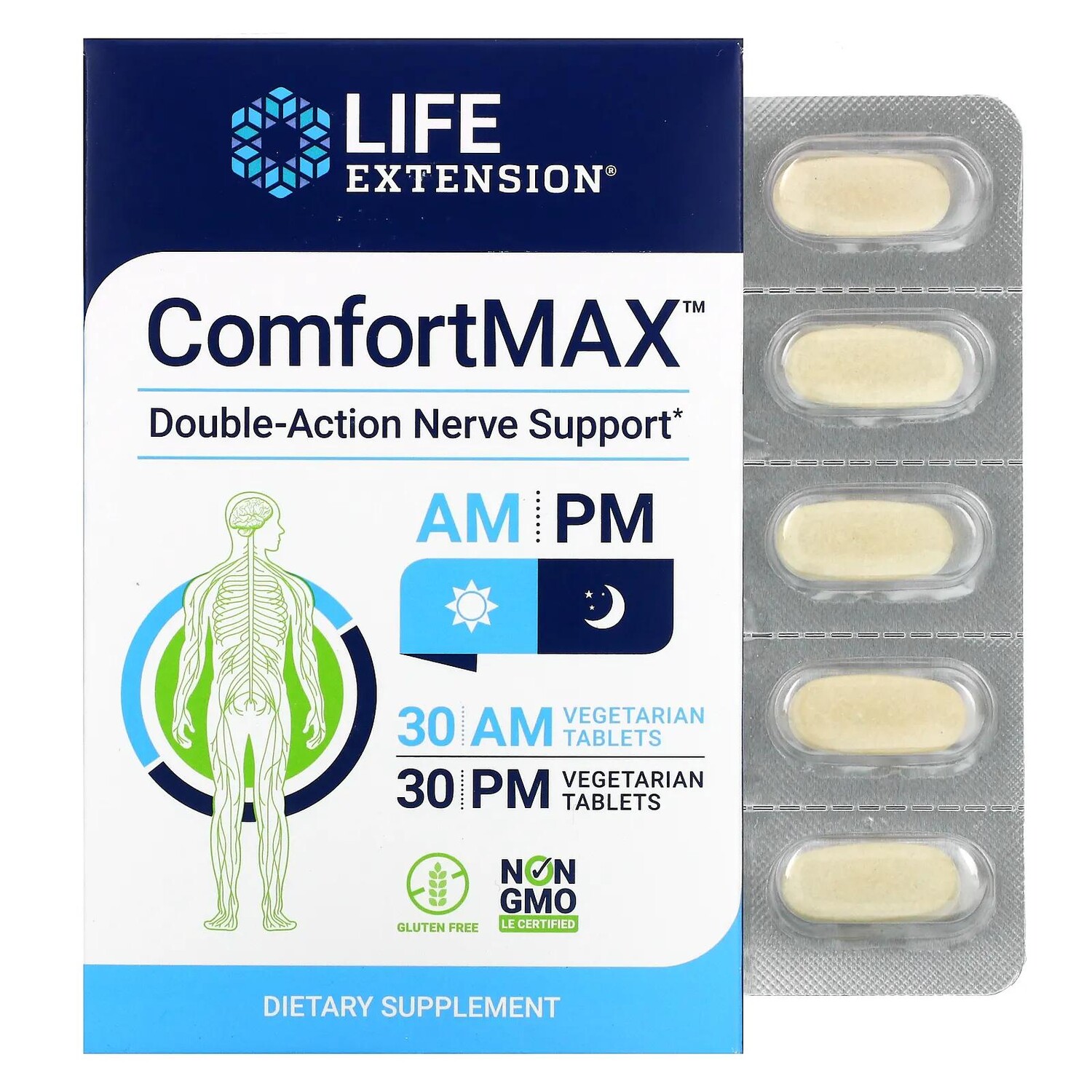 

Life Extension ComfortMAX поддержка нервов двойного действия для приема утром и вечером 30 вегетарианских таблеток каждая
