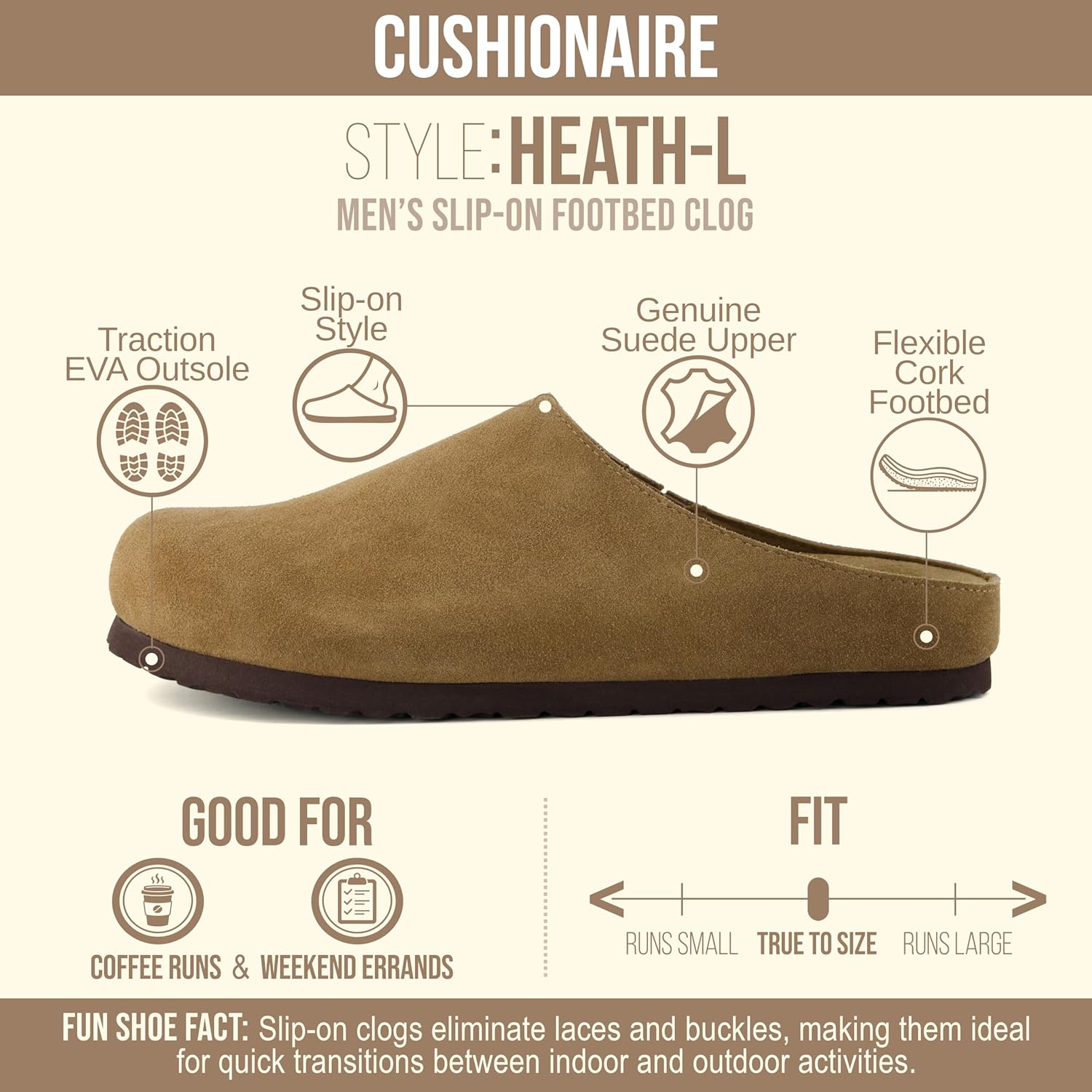Мужские сабо CUSHIONAIRE Heath из настоящей замши с амортизирующей стелькой из пены памяти, удобные шлепанцы на легкое надевание, коричневый — фото 2