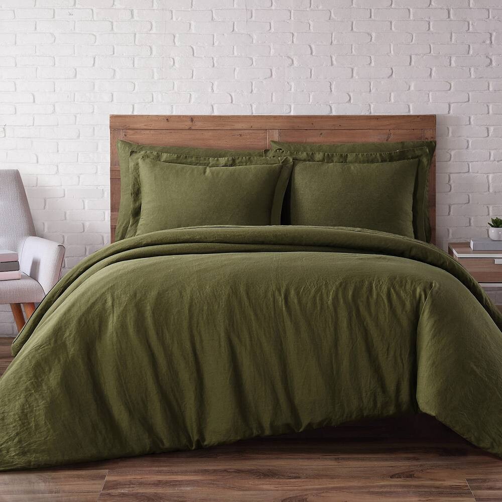 

Комплект льняных пододеяльников Brooklyn Loom с накладками, цвет Olive Green