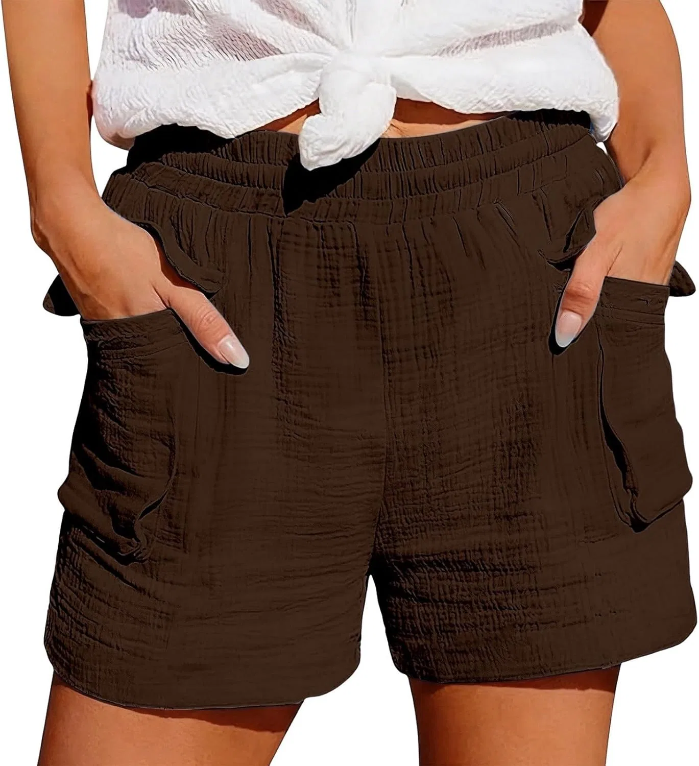 Льняные шорты для женщин, широкие, с высокой талией, на эластичном поясе, с карманами, Coffee