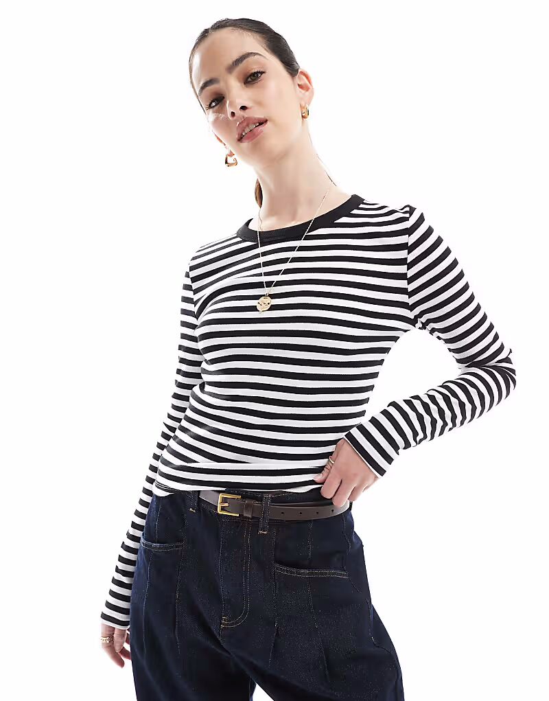 

Футболка Calvin Klein Jeans с длинными рукавами и тканой полоской в рубчик белого и черного цветов