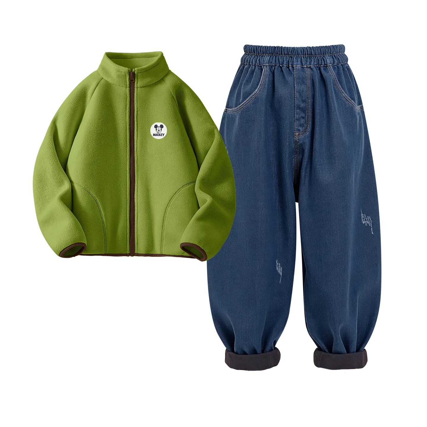 Детский спортивный костюм с воротником-стойкой на флисе Disney, [Thickened and Fleece-Lined]Dichi Medium Round Hook-and-Loop K Matcha Green+Solid Color Denim Light Blue — фото 3
