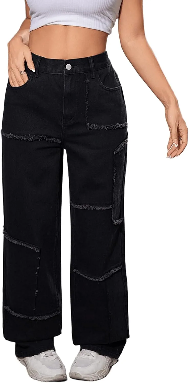 

Viatabuna Raw Trim Wide Leg Jeans для женщин с эластичным поясом