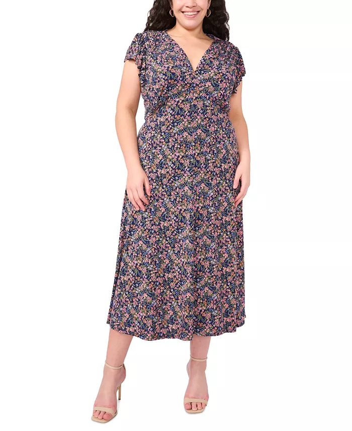 

Платье миди с цветочным принтом и расклешенными рукавами Plus Size MSK, синий