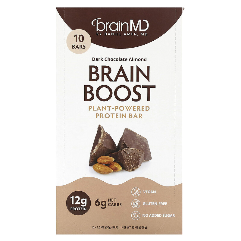 

BrainMD, Brain Boost, батончик на растительной основе, протеиновый батончик, темный шоколад и миндаль, 10 батончиков по 50 г (1,5 унции)