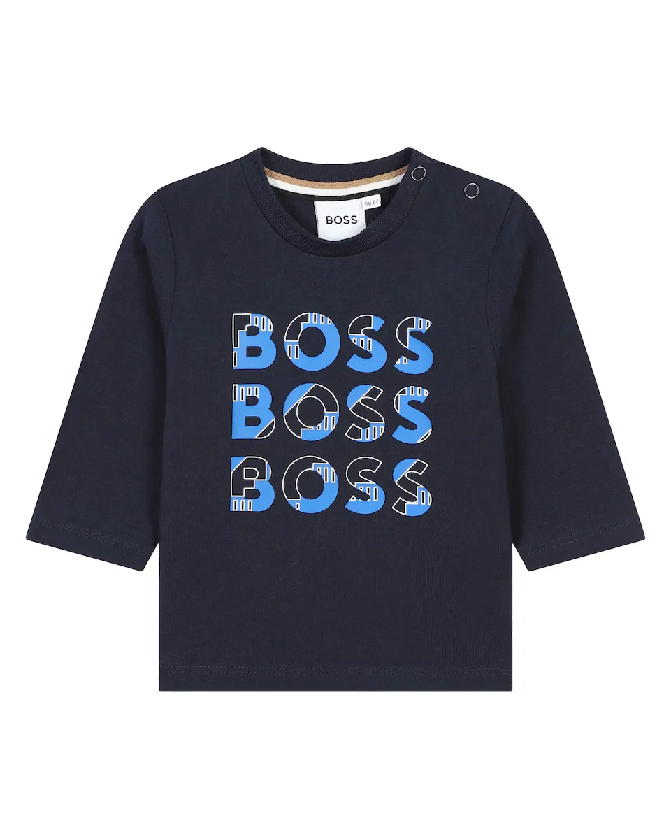 

Футболка для мальчика из 100% хлопка с мультилоготипом BOSS Kidswear, темно-синий